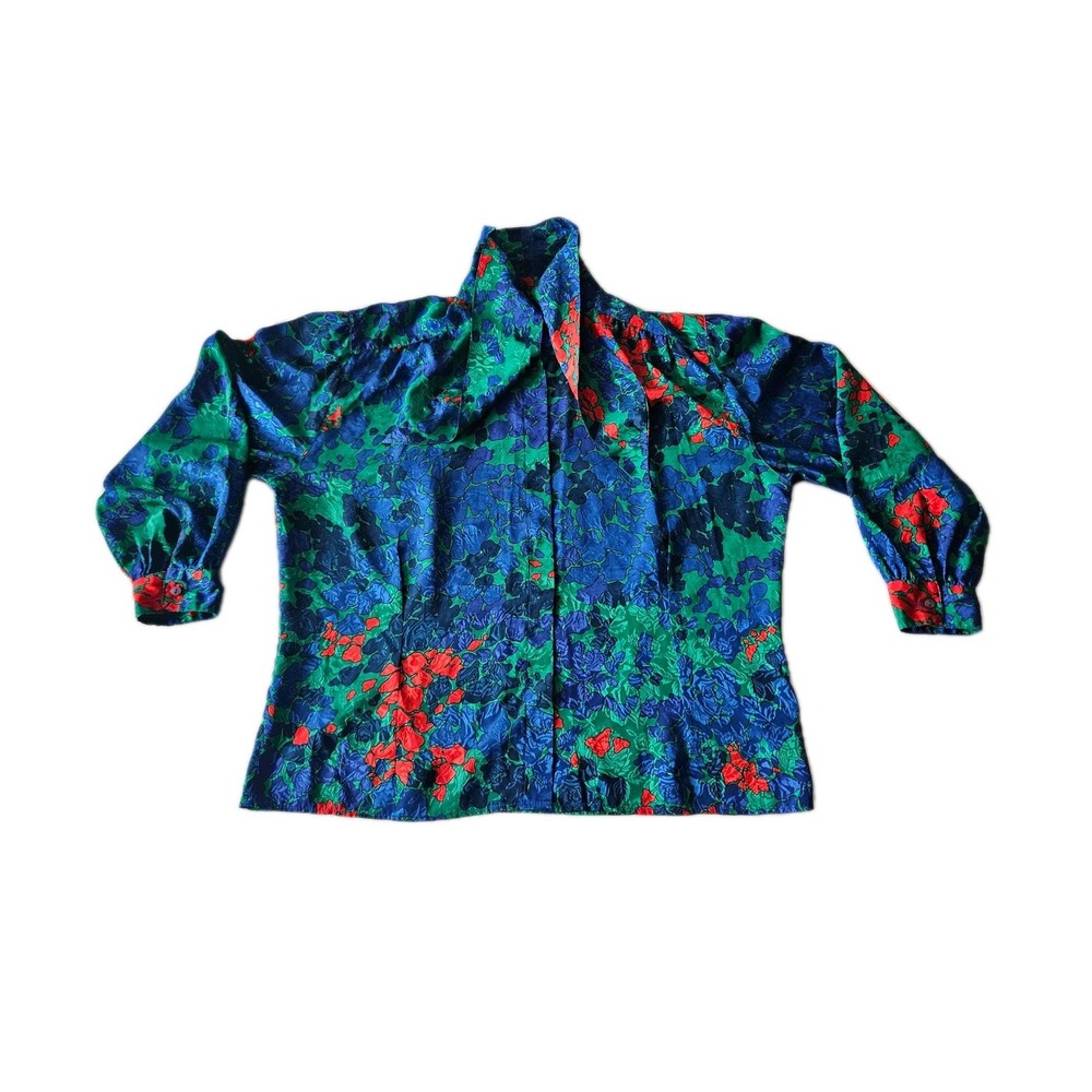 Vtg Lilli Ann Collections Shiny Floral Ascot Bow Button-Up Blouse L